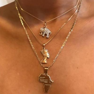 China Fashion Lead Free Nickel Free Women Multi Layer Gold Necklaces Set Egyptian Elephant World Map Queen Necklace Pendant for sale