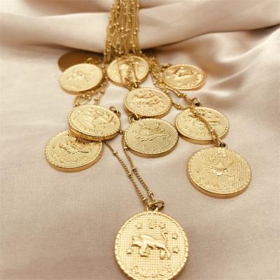 China 12 Zodiac Sign Coin Necklace Nickel Free Double Sided Gold Coin Stainless Steel Pendant Necklace for sale