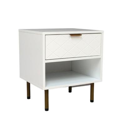 China White Ridged MDF 1 Drawer Side Table With Metal Leg Wood Tables With Storage Nightstand Side Tables for sale