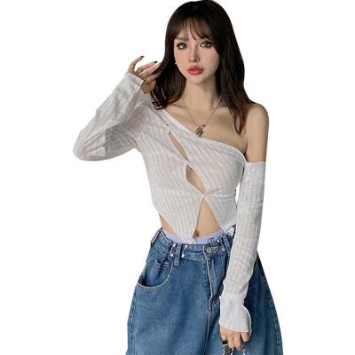 China Regular Fully Stocked Sexy Irregular Off-The-Shoulder Long Sleeve Designers T-Shirt For Women for sale