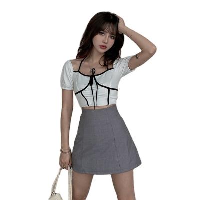 China Regular hot sale high quality white t shirt with lace up halter and square collar t shirts for woman for sale