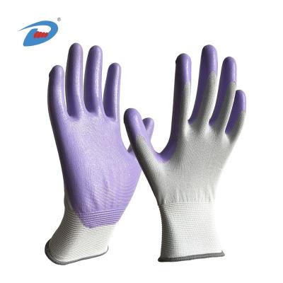 China Industrial Waterproof Coated Work Glove White Nitriles Oil Proof Nylon Soft 18G Nitrile Coated Gardening Work Glove for sale