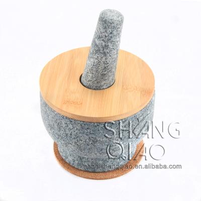 China Factory Direct Sale Sustainable Natural Outdoor Granite Mortar and Pestle Set with Lid and Bamboo Cork Pad for sale