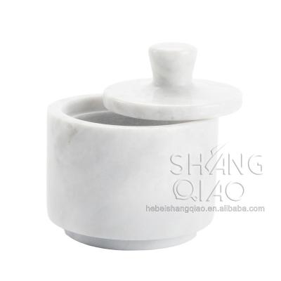 China Sustainable marble salt and pepper cellar set with lid and knob for sale