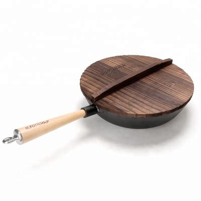 China Sustainable 12 inch cast iron wok with wooden handle for sale