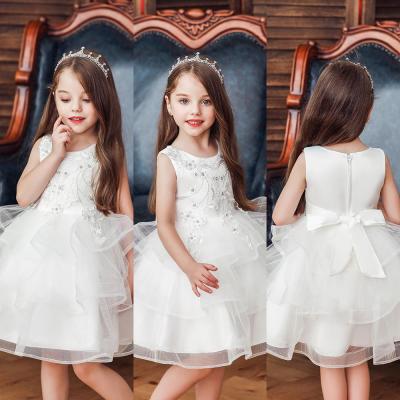 China New viable fashion lace fabric and high quality cotton striping kids clothes sleeveless baby kids party flower girl dresses for sale