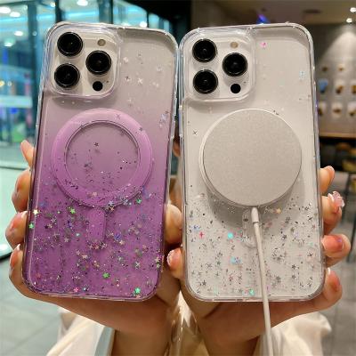 China Gradient Glitter Clear Shockproof Phone Case For iPhone 12 13 14 15 Pro Magnetic Wireless Cover Soft Silicone Plus Max Charging Glitter for sale