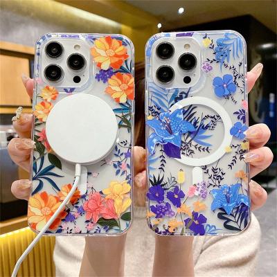 China Flower Pattern Shockproof Clear Hard Acrylic Painted Magnetic Wireless Charging Case for iphone 15 14 13 12 pro max for sale