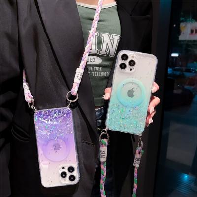 China Shockproof Cross - Body Neck Lanyard Epoxy Glitter Gradient Color Magnetic Clear Wireless Charging Case for iPhone 11 12 13 14 pro max for sale