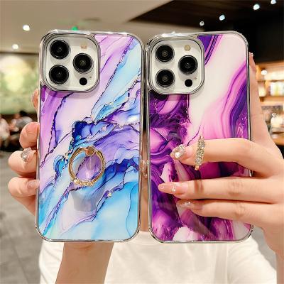 China Luxury Gradient Marble Plating Ring Stand Shockproof Phone Case For iPhone 13 Pro 14 15 Colorful Shockproof Soft Cover Max Lens Protector for sale