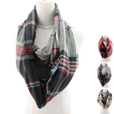 China Winter Acrylic Tartan Knitted Zipper Pocket Loop Travel Scarves for sale