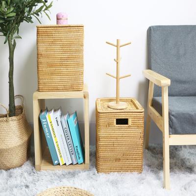 China Sustainable Rectangular woven wicker box case rattan woven tall wicker slim storage basket with lids and handles for sale