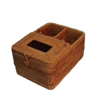 China Folding Oriental hot selling creative ethnic style medium paper tabletop bedroom car restaurant flip hand-made rattan tissue box for sale