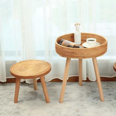 China European trend retro personality Handmade rattan rack round table small bar portable travel table detachable rattan dining table for sale