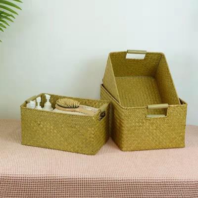 China Sustainable High Quality Rectangular storage basket natural straw Book Cloth Sundries handwoven Storage Basket for sale