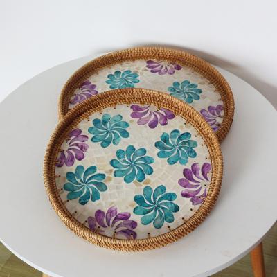 China Sustainable Shell inlaid hotel service Luxury ceramic porcelain plate set Vietnam rattan woven round ceramic restaurant creative fruit plate for sale