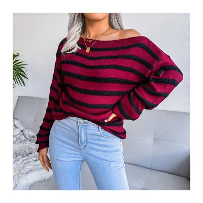 China New Style Anti-wrinkle One Shoulder Line Women's Sweaters Stripe Print Girls' Sweaters Contrast Color Sweater Women Winter for sale