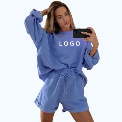 China White QUICK DRY Logo Custom Trendy Spring Sweatshirt and shorts set hot sale casual sweater loose knitting lounge wear women set for sale