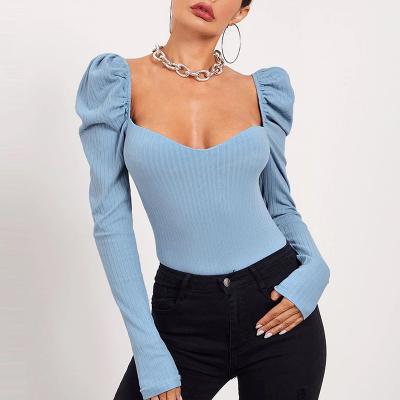 China New Breathable 2022 Spring Sleeve Tops Female Square Neck Slim Women Clothing Wear Long Sleeve T-Shirts for sale