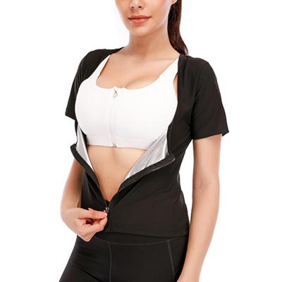 China QUICK DRY silver ion coated sweaty zipper abdomen fitness top short sleeve corset plus size women breast support shapewear for sale