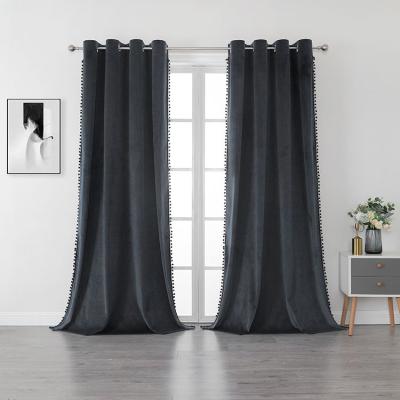 China Privacy protection hot sale blackout blackout pom pom Italian velvet curtains ready made for sale