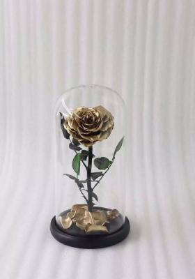 China Never fade gold dipped heart shape real preserved gold rose in glass for sale