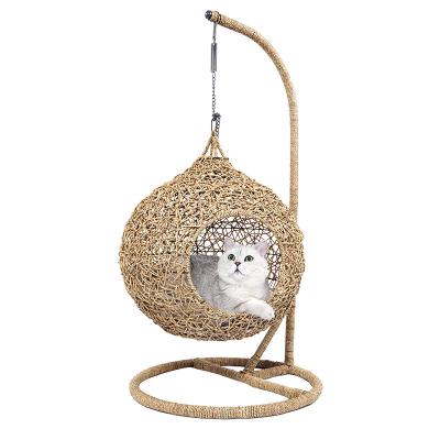 China New Design Natural Wicker Woven Rattan Dog and Cat Bed House Breathable Hanging House Rattan Wicker Cat Boarding for sale