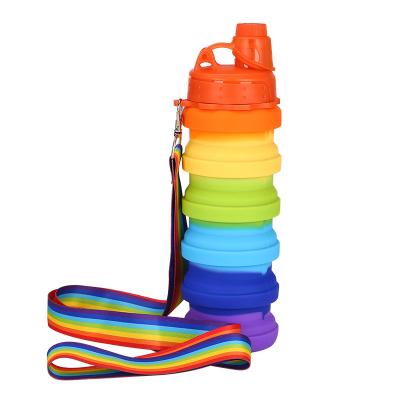 China Rainbow Silicone Camping Minimalist Amazon 500ml BPA Free Silicone Travel Folding Water Bottle With Shoulder Straps for sale