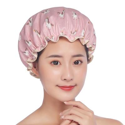 China Sustainable Bestseller Alibaba Custom Made Bath Caps PEVA Lined With Polyester Cotton Double Layer Waterproof Shower Cap for sale