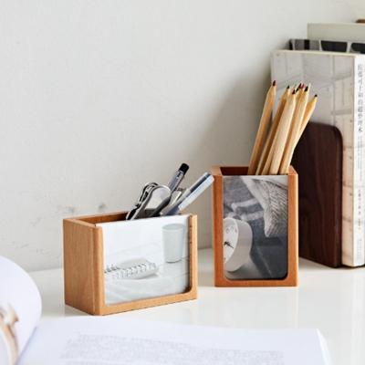 China Desktop View Of Pen Barrel Decoration Wooden Photo Desktop Storage Box Pen Holder Creative Fashion Stationery Solid Wood Photo Holder for sale