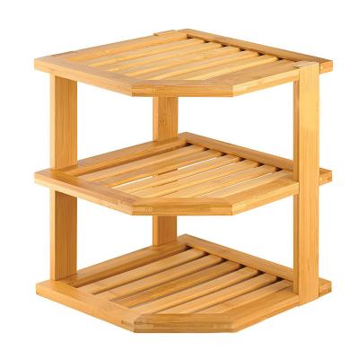 China Premium Bamboo Shelf Stocked 3Tier Kitchen Corner Dish Drying Rack For Dinner Set for sale