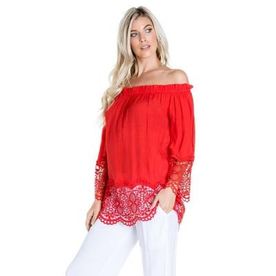 China Breathable Women Resort Vacation Wear Hook Off Shoulder Flare Sleeve Tunic Top Blouse for sale