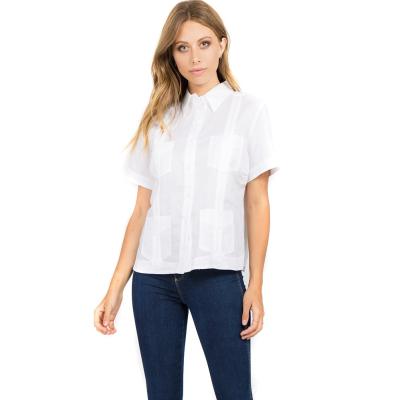 China Breathable Women Guayabera Traditional Blouse Short Sleeve 4 Guayabera Canvas Pocket for sale