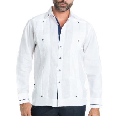 China Sustainable Mens Canvas Shirt Guayabera Long Sleeve Button Down With Pipe Collar And Cuff Trim for sale