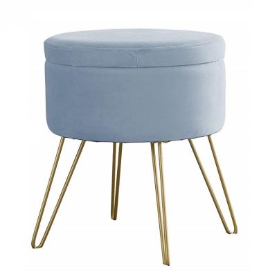 China Modern Velvet Storage Stool Small Ottoman With Storage Round Pouf With Gold Metal Legs for sale