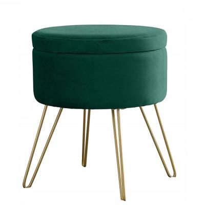 China Modern Velvet Fabric Small Storage Ottoman Stool With Storage Round Pouf With Gold Metal Legs for sale