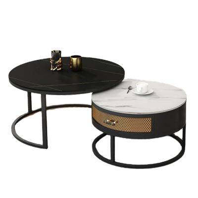 China Fashion Design Nordic Extendable Mosaic 2 in 1 Metal Round Marble Slate Gold Center Coffee Table Double Table Tea Table for Living Room for sale