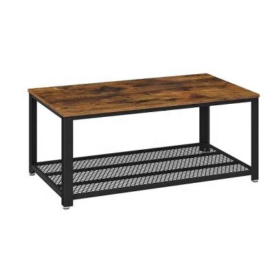 China Industrial Furniture Wholesaler Custom Antique Metal Frame 2 Layer Coffee Table Wooden Desk Easy To Compile Rustic Brown Coffee Table for sale