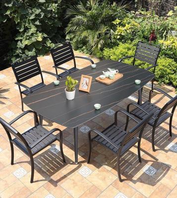 China Modern Hot Sale Outdoor Plastic Wooden Dining Tables And Chairs Bistro Cafe Garden Furniture 6 Or 4 Seats Restaurant for sale