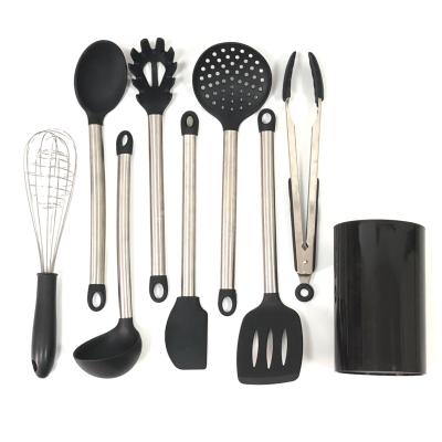 China Sustainable 9pcs Silicone Kitchen Utensil Set Stainless Steel Handle Silicone Kitchenware Set for sale