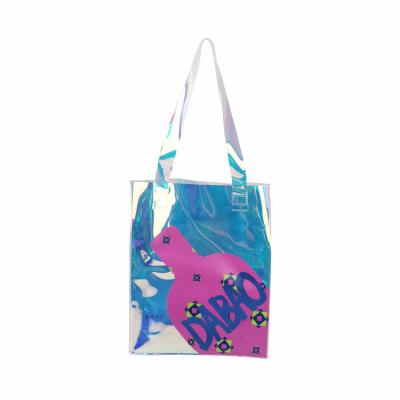 China Custom Large Clear Fashion Clear Women's Holographic Laser Shoulder PVC Shopping Tote Bag for sale