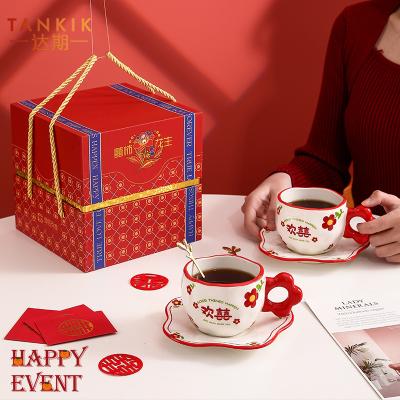 China Viable Red Flower Shape Creative Shiny Vintage Kawaii Happy Event Design Coaster Gift Ceramic Mug For Lover for sale