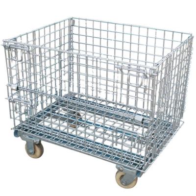 China Logistics Transport Warehouse Zinc Galvanized Foldable Cube Storage Bin With Wire Feet With Wheels for sale