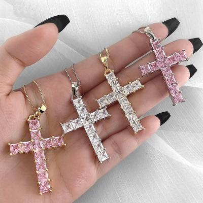 China TRENDY Hip Hop 18K Gold Plated Jewelry Luxury Pink AAA Zircon Shine Diamond Cross Pendant Box Chain Choker Necklaces For Women for sale