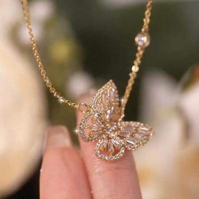 China 2022 FASHIONABLE Sweet Shiny Gold Bling Crystal Hollow Butterfly Charm Necklace Zircon CZ Necklaces choker twinkle jewelry for sale