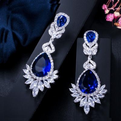 China Trendy Korean AAA Luxury Jewelry Bridal Sparkle Blue Zircon Water Blue Drop Dangle Stud Earrings For Women Wholesale for sale