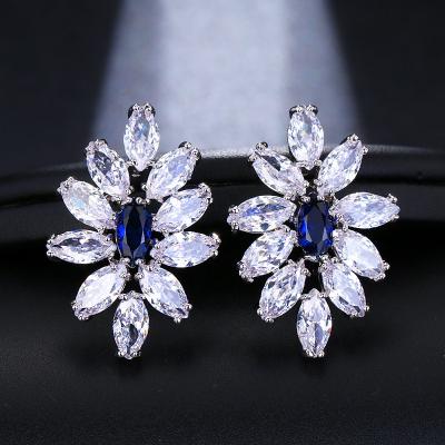 China 2022 TRENDY High Quality Delicate Water Drop Stud Earring For Women Flower Cubic Zircon Blue Dangle Earrings Bridal Wedding Jewelry for sale