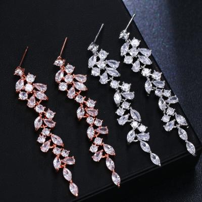 China New Trendy Flower Cubic Zircon Chandelier Long Rose Gold Wedding Earrings Women Bridal Crystal Leaf Dangle Drop Jewelry for sale