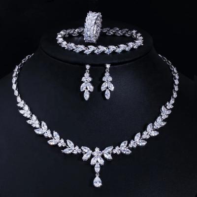 China 4 Pcs FASHIONABLE Luxury Shiny Zircon Necklace Set Earring Rings Women CZ Light Drop Silver Jewelry Wedding Bridal Sets 2022 New for sale