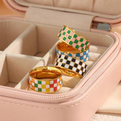 China 2022 TRENDY Waterproof Jewelry 18K Gold Plated Stainless Steel PVD Tarnish Free Checkerboard Enamel Black White Colored Band Rings for sale